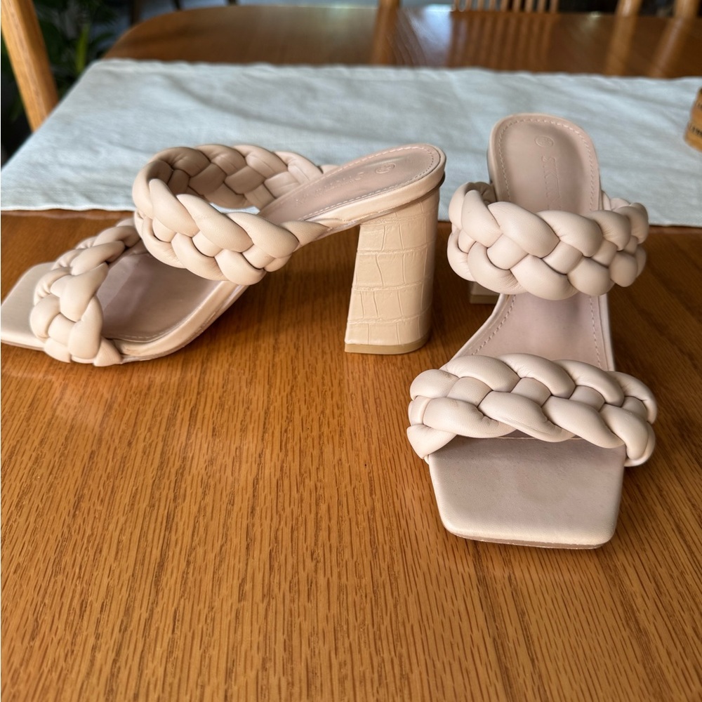 5.5 Cream Braided Block Heel Sandals